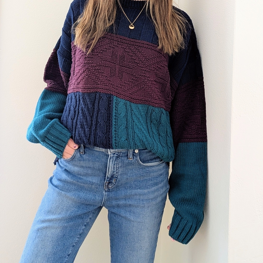 Vintage Eddie Bauer Chunky Colorblock Cable Knit Crewneck Sweater In Navy Blue - Picture 3 of 9